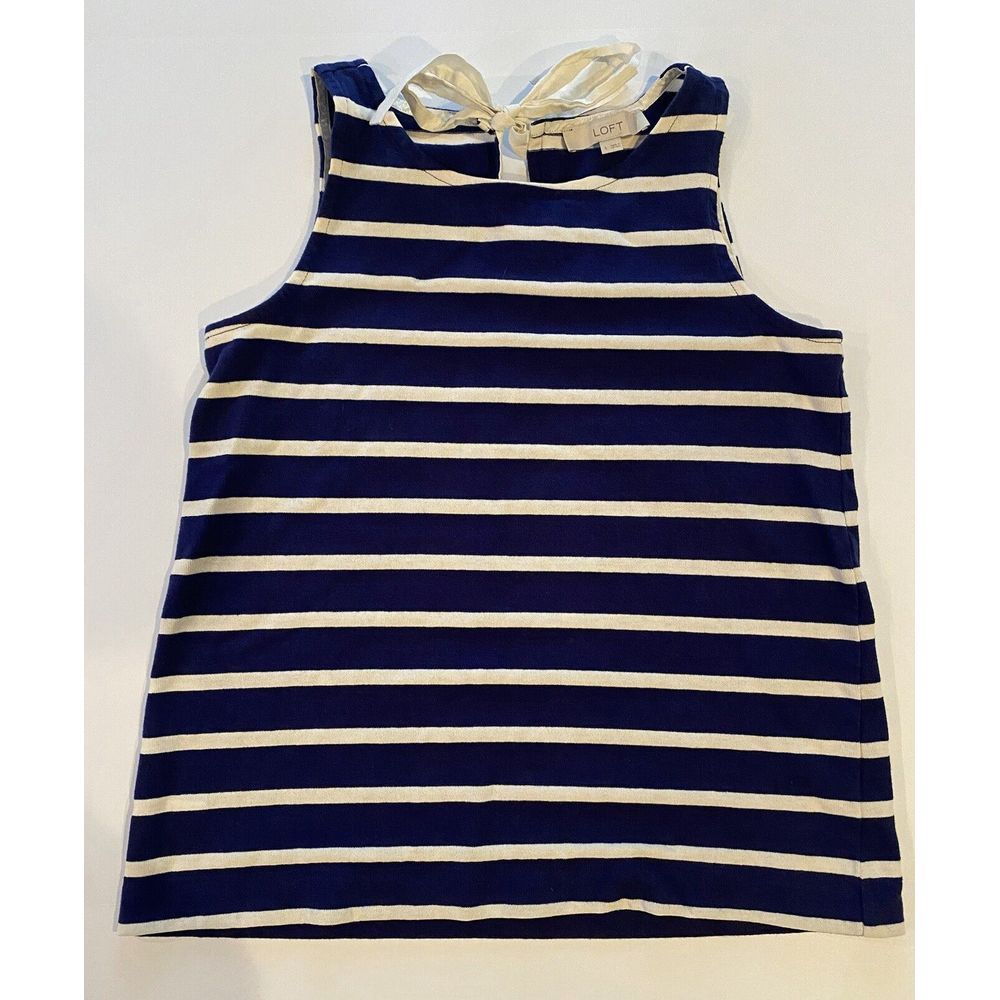 LOFT Women's Small sleeveless Knit top navy w cream stripes Back Of Neck Tie